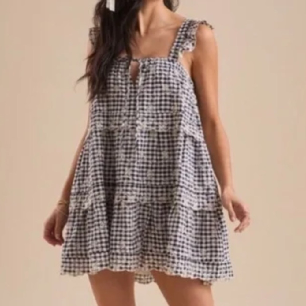 Altar’d State Women L Gingham Eyelet Sleeveless Tiered Haylin Mini Dress NWOT